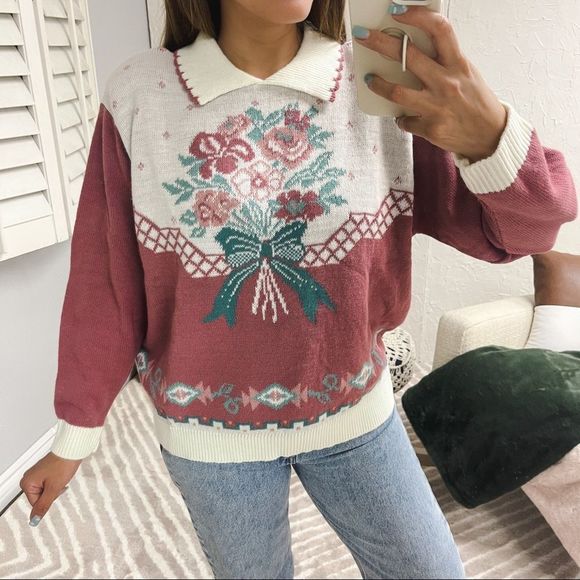 New Vintage 80s Floral Bouquet Sweater Cape Cod - Picture 2 of 10